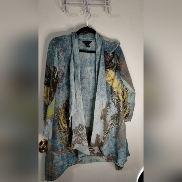 Citron Santa Monica 100% Silk Feather Print Open Front Kimono Cardigan Sz Small - Picture 9 of 12